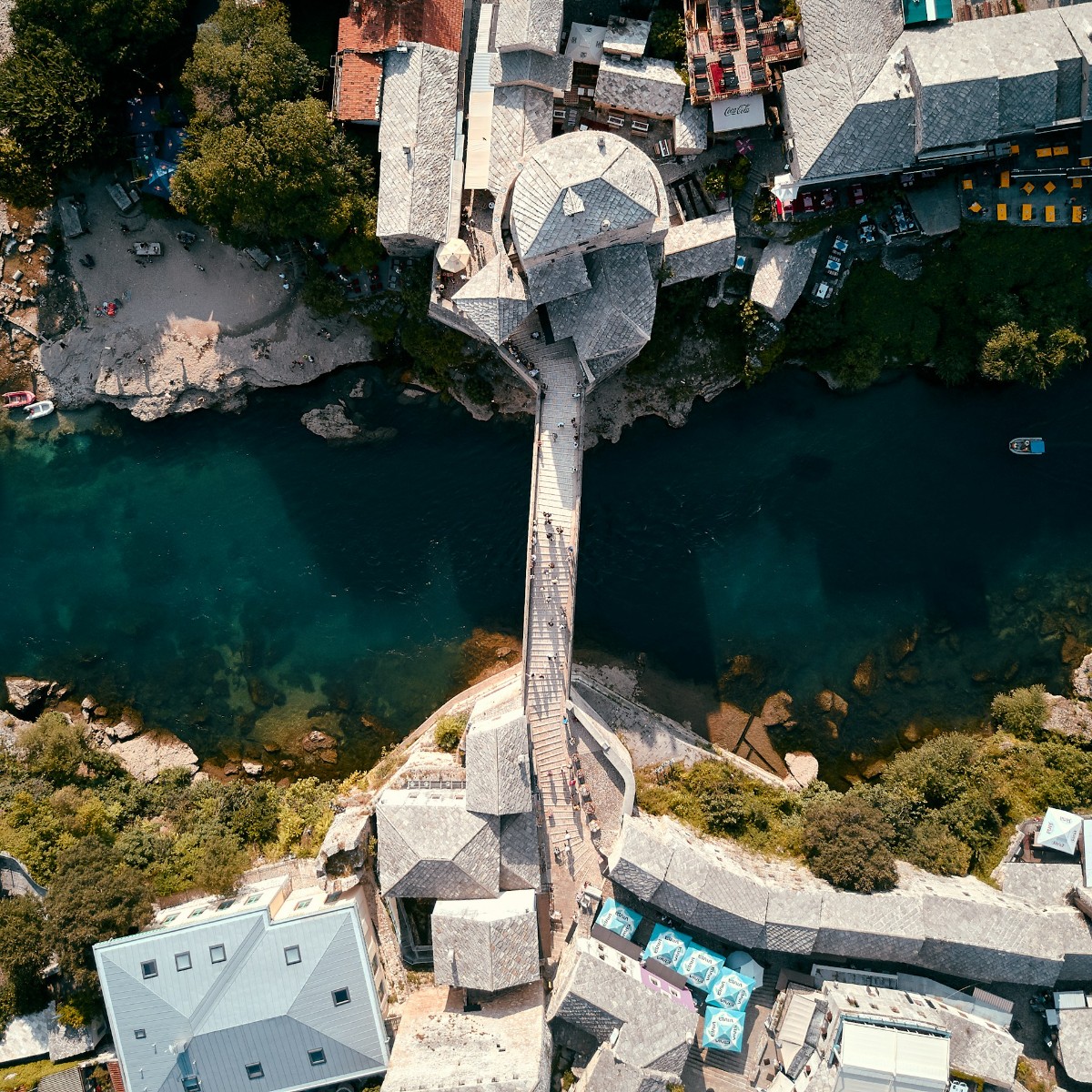 Aerial view over Mostar's Stari Most bridge and the Neretva valley